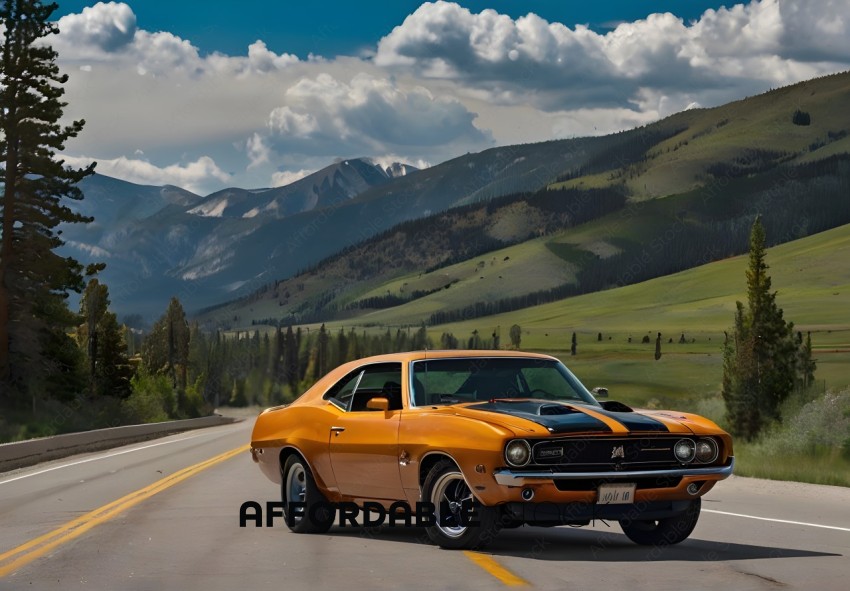 An orange Ford Mustang is driving down a road with mountains in the background