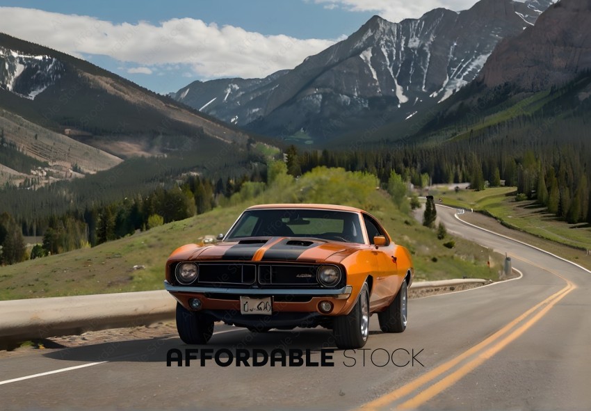 A Ford Mustang drives down a mountain road