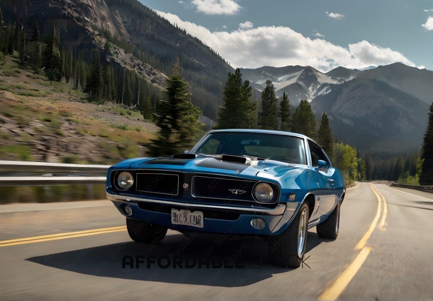Blue Ford Mustang on a mountain road