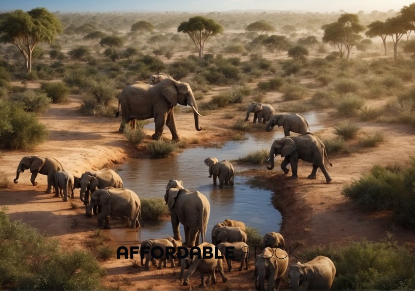 Elephant Herd Crossing River at Sunset