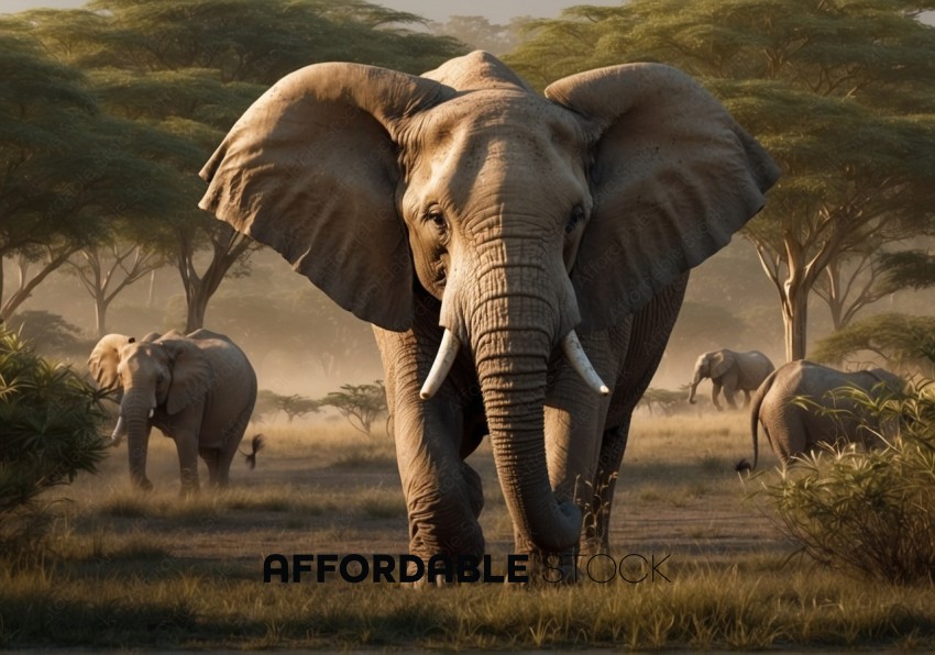 African Elephant Family on Savannah