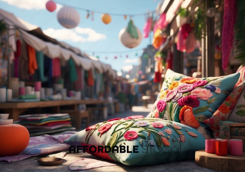 Colorful Embroidered Pillows in Outdoor Market
