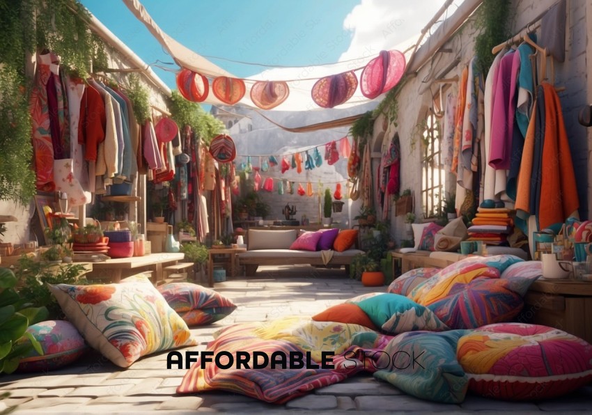 Colorful Outdoor Market Setting with Textiles and Pillows