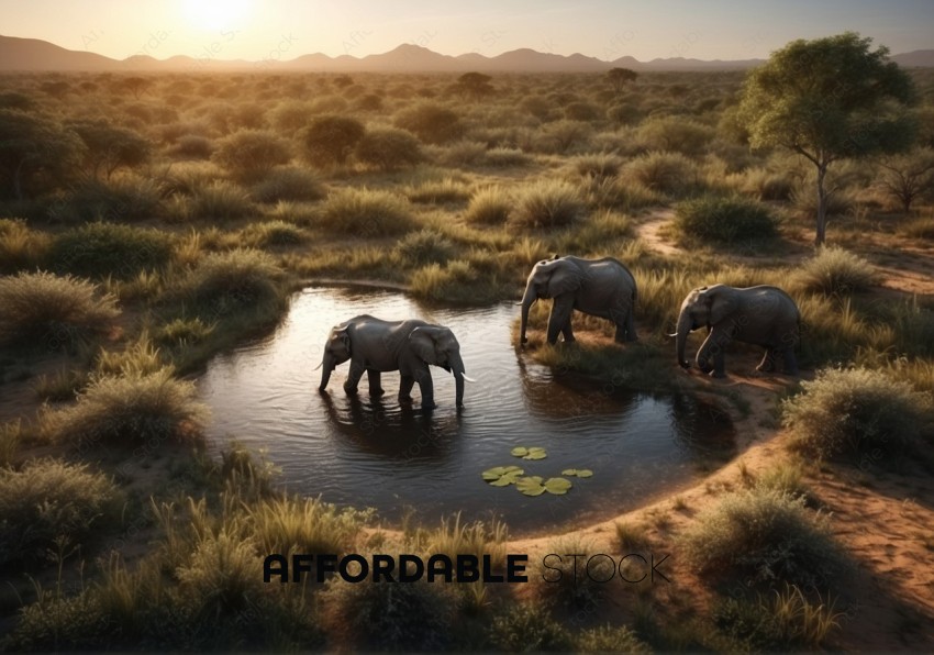 African Elephants at Watering Hole