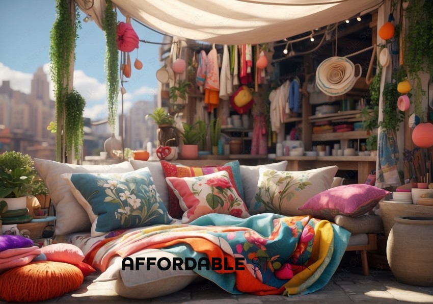 Colorful Market Stall with Textiles and Cushions
