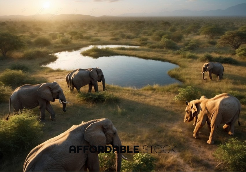 African Elephants by Waterhole at Sunset