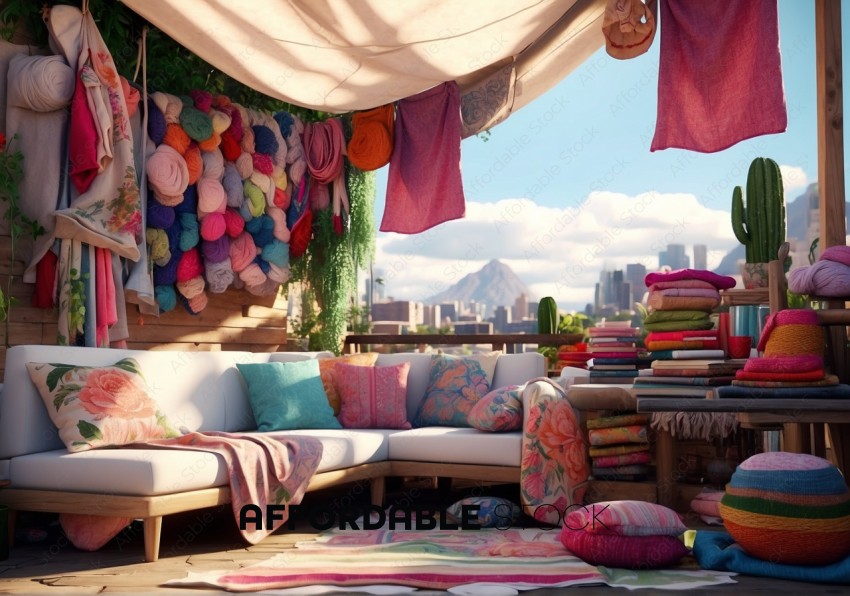 Cozy Outdoor Urban Balcony with Colorful Textiles