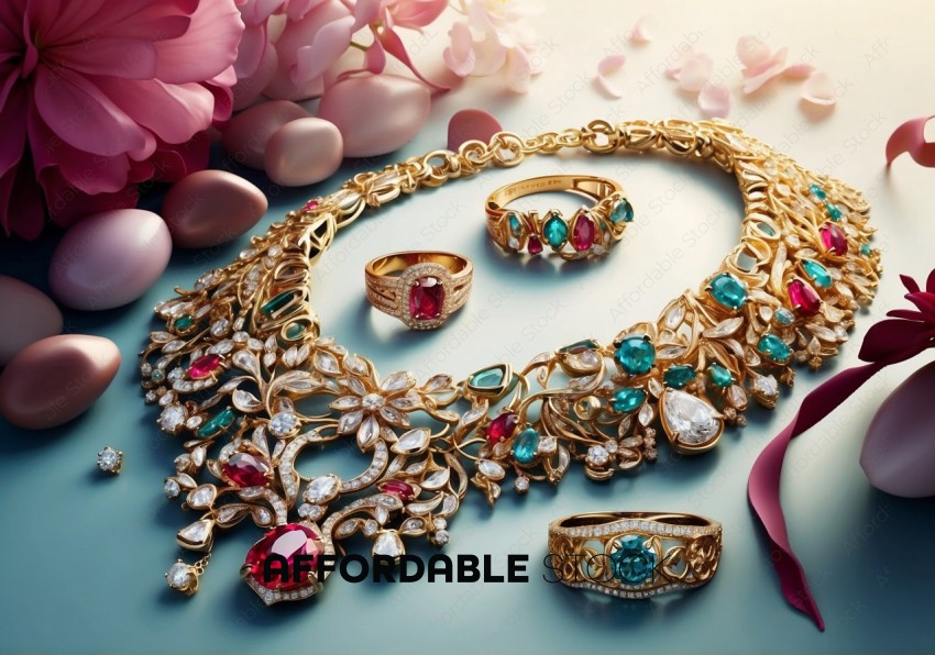 Luxurious Gemstone Jewelry Set on Floral Background