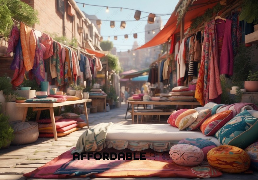 Colorful Outdoor Market Scene with Textiles