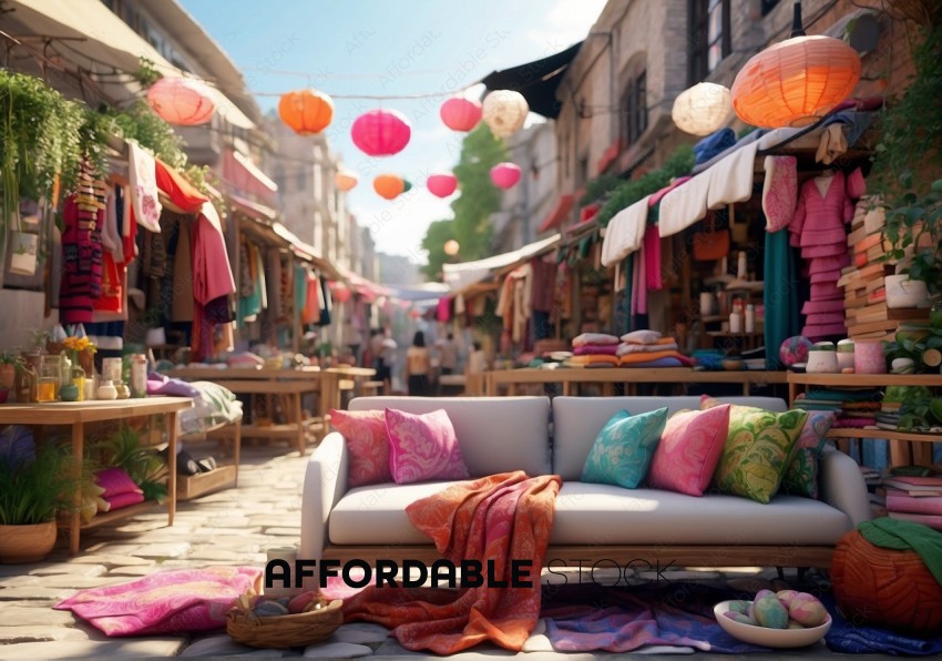 Street Market with Colorful Lanterns and Textiles