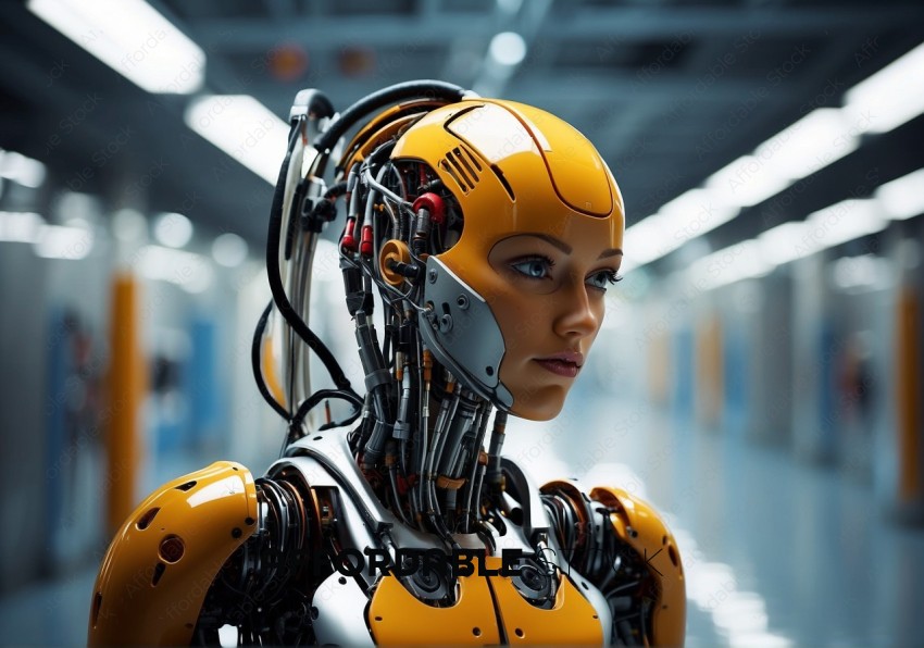 Futuristic Female Robot in Industrial Facility