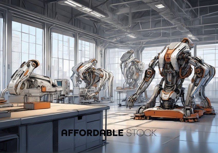 Futuristic Robot Assembly Line Illustration