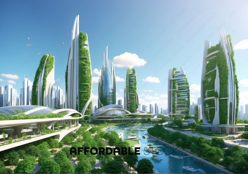 Futuristic Green Cityscape with Eco-Skyscrapers