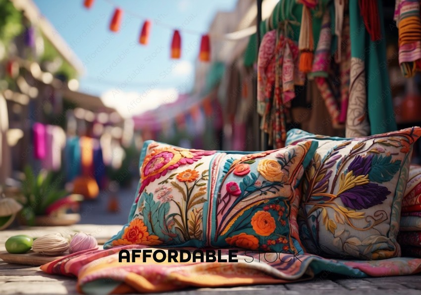 Handcrafted Embroidered Pillows at Outdoor Market