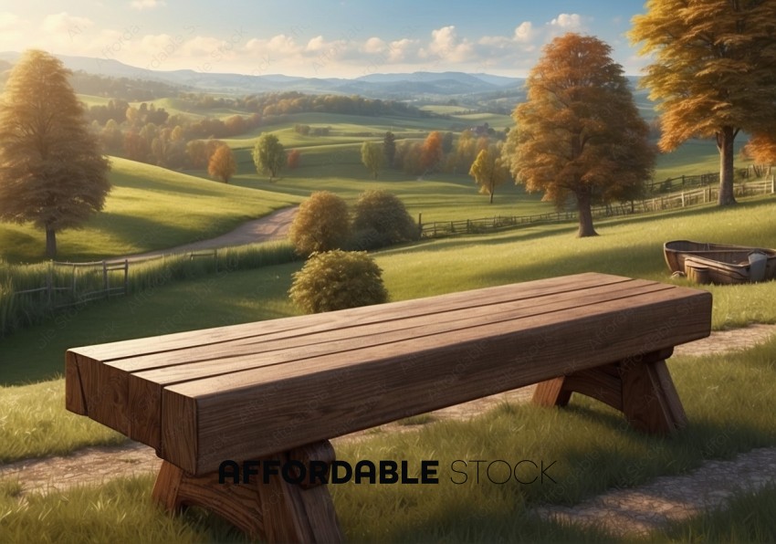 Tranquil Countryside Landscape with Wooden Bench