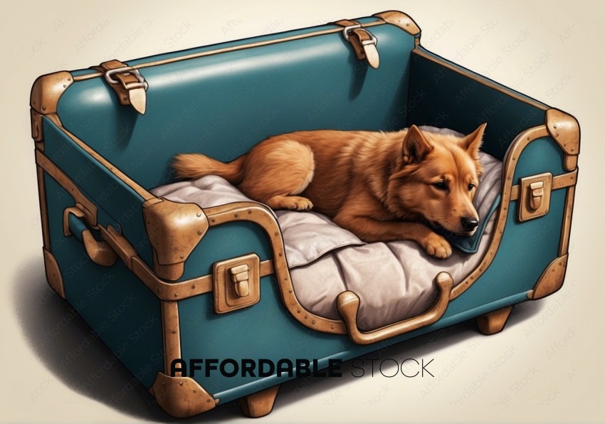 Illustrated Dog Resting in Teal Suitcase