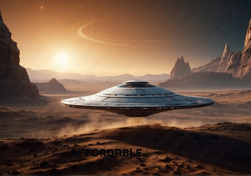 Futuristic Spaceship Landing on Desert Planet