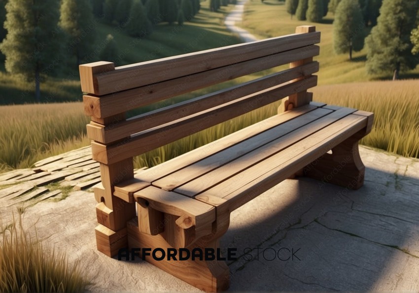 Wooden Park Bench in Natural Setting at Sunset