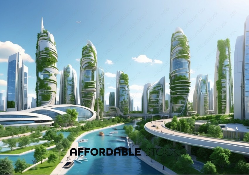 Futuristic Cityscape with Eco-Friendly Skyscrapers