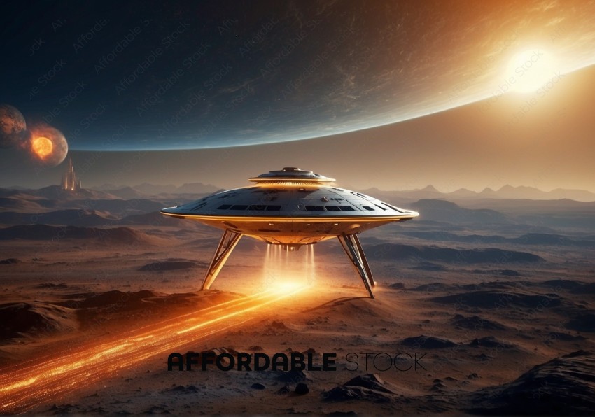 UFO Hovering Over Alien Desert Landscape