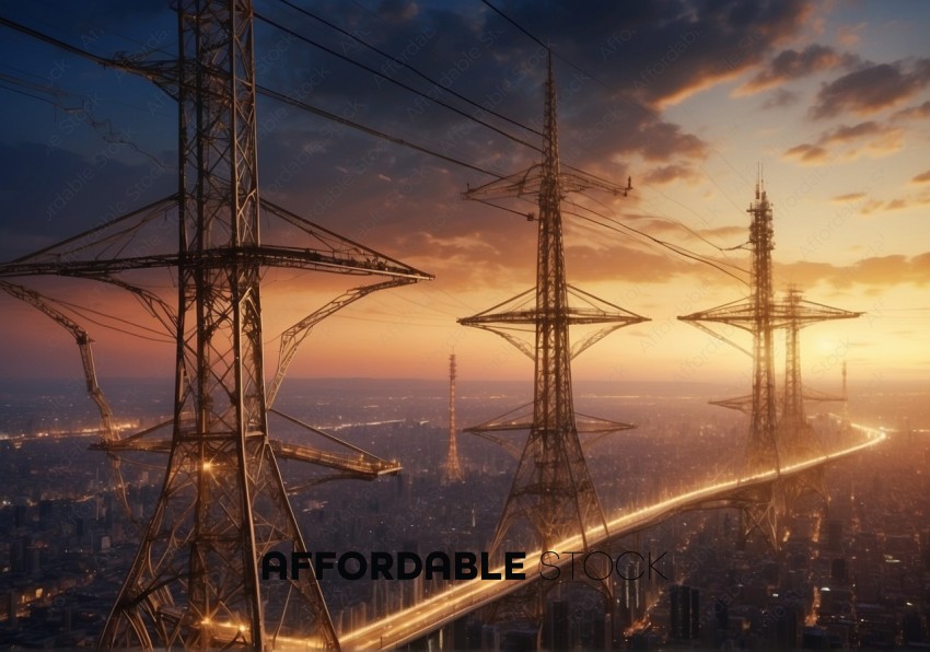 Sunset Cityscape with Electricity Pylons and Glowing Lines