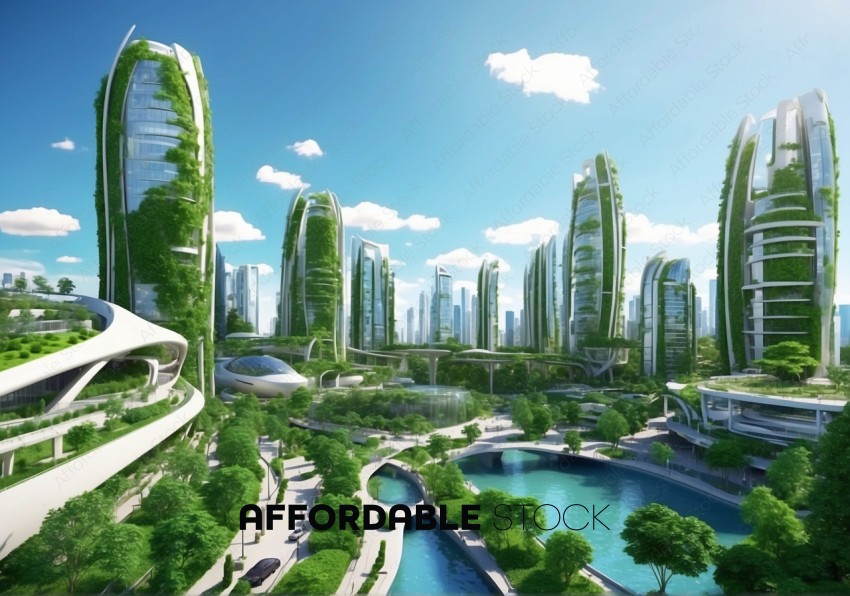 Futuristic Green Cityscape with Eco-Friendly Architecture