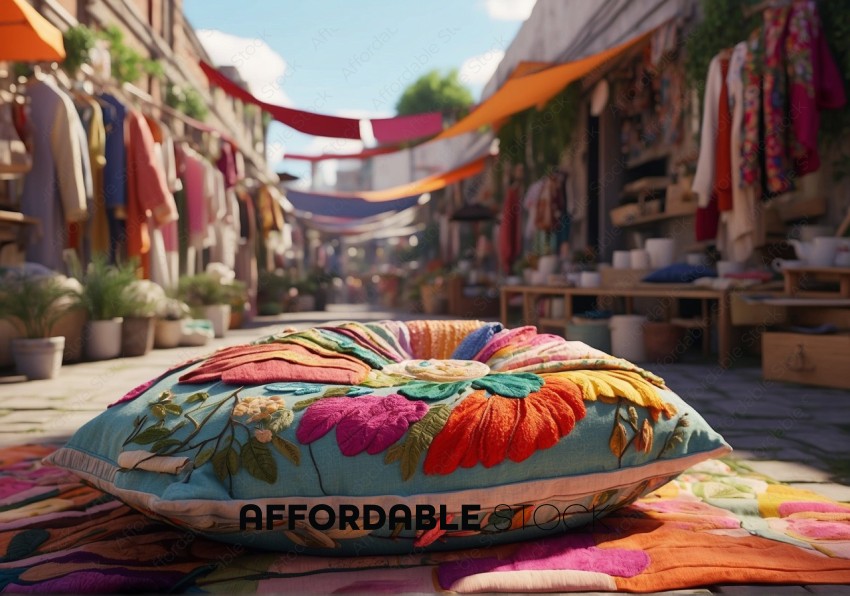 Colorful Embroidered Pillow in Market Setting