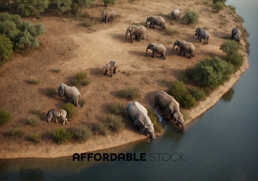 Aerial View of Elephants and Zebra at Watering Hole