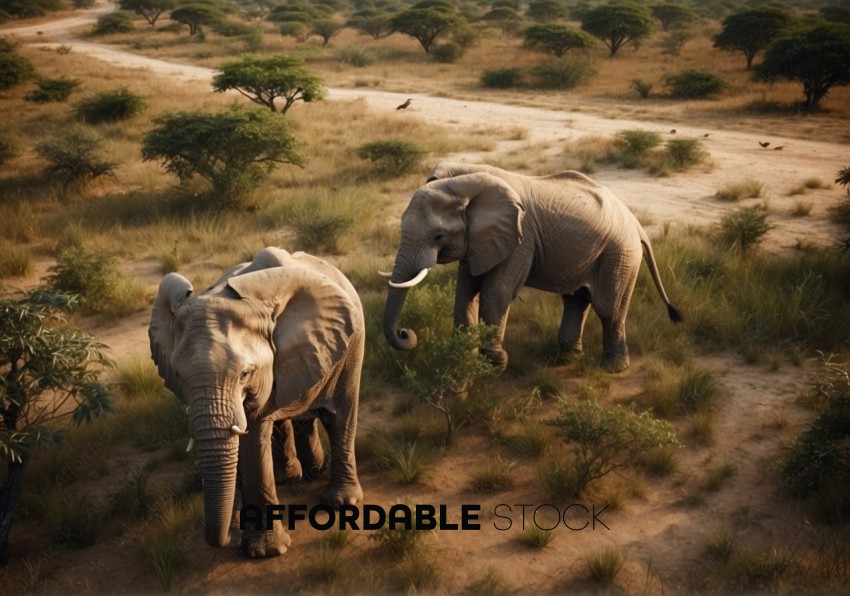 African Elephants Wandering in Savanna