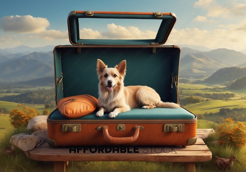 Welsh Corgi in Suitcase Overlooking Countryside