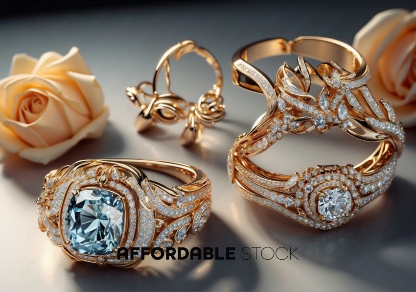 Luxury Gold Jewelry with Diamonds on Gradient Background