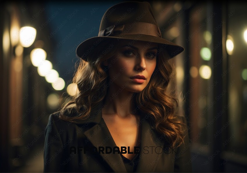 Elegant Woman with Fedora Hat at Night
