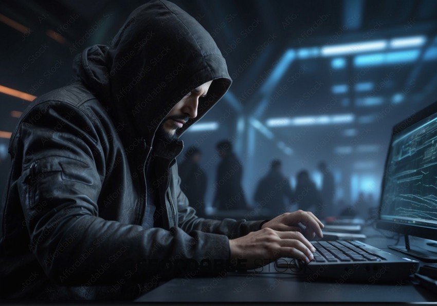 Hooded Hacker Typing in Dark Room
