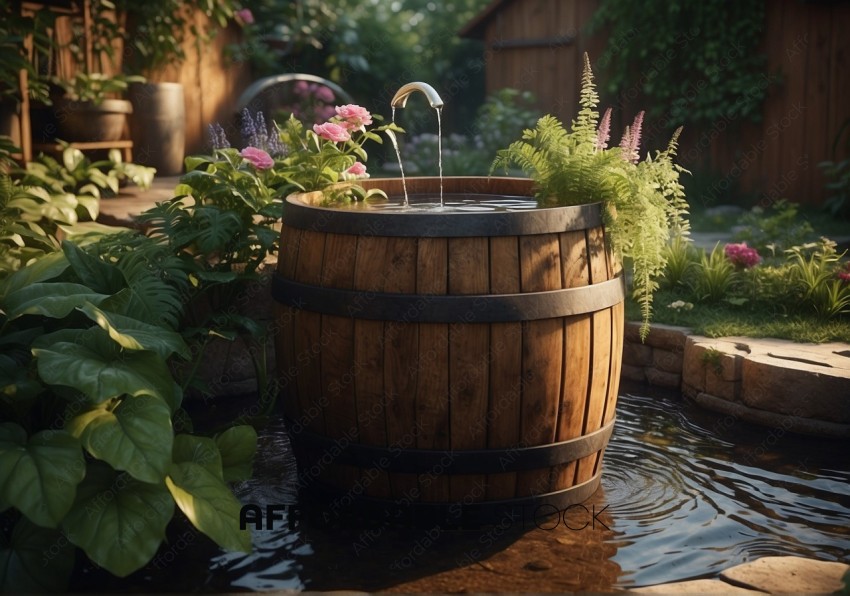 Wooden Barrel Water Feature in Garden