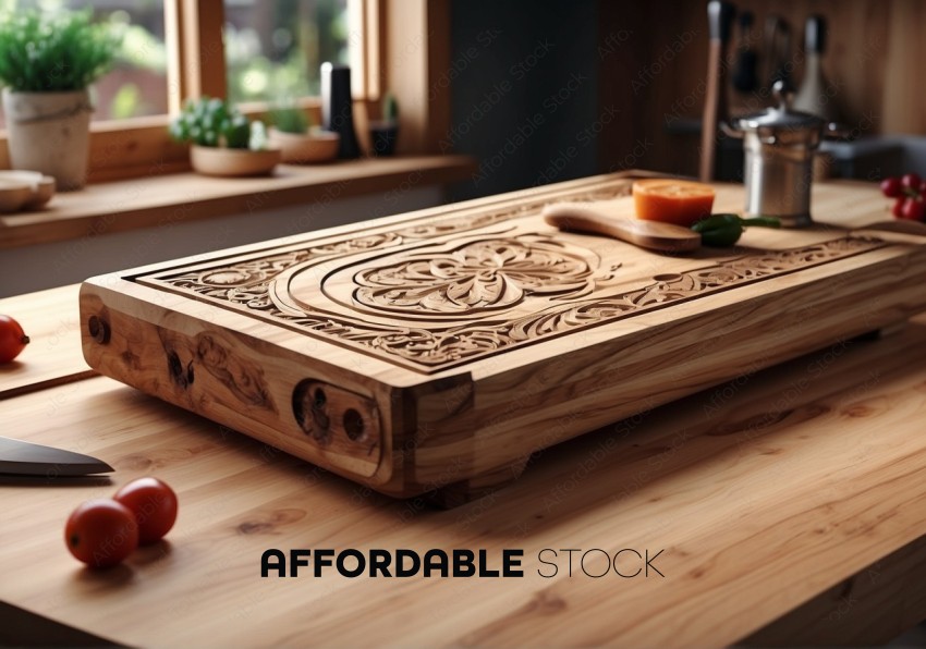 Carved Wooden Cutting Board on Kitchen Counter