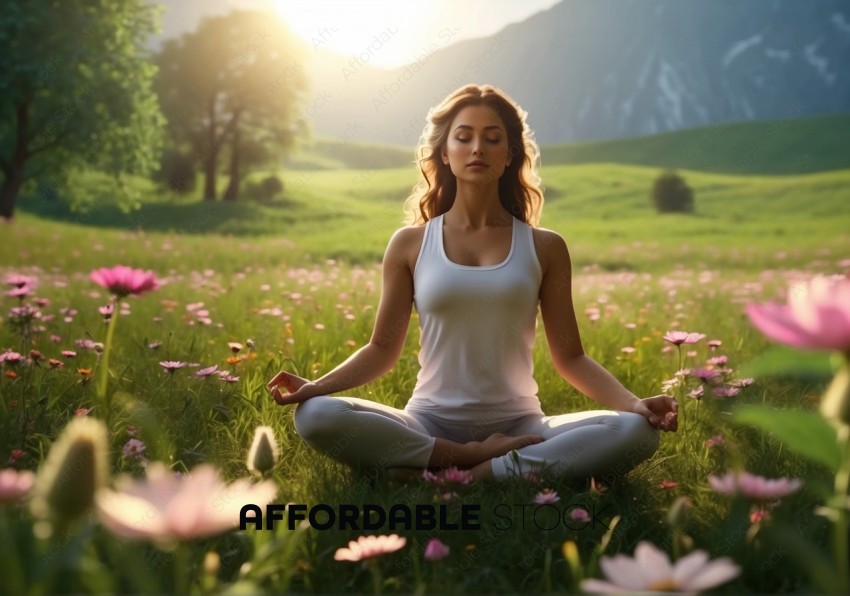 Serene Yoga Practice in Flower Meadow at Sunset