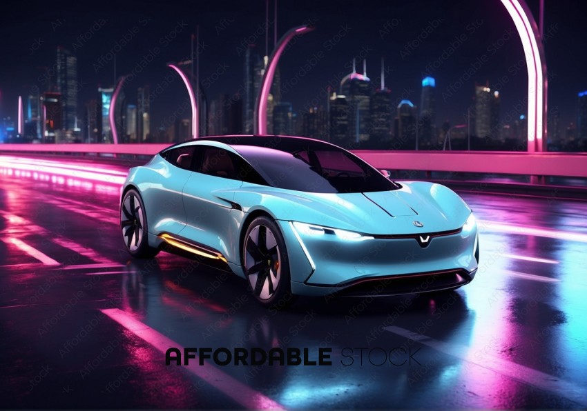 Futuristic Electric Car on Illuminated Cityscape Bridge