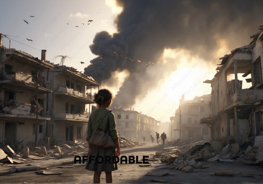 War Destruction and Civilian Despair in Ruined Cityscape