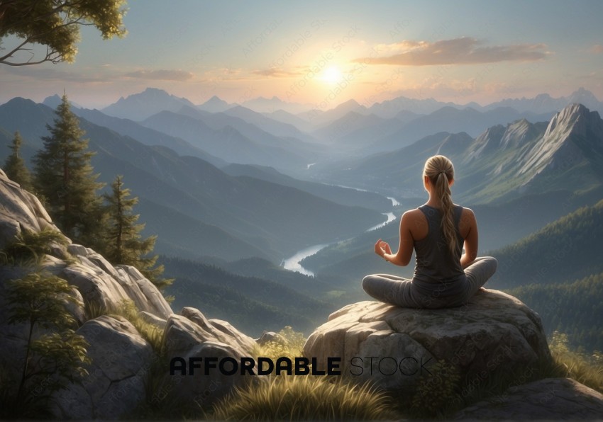 Woman Meditating on Mountain at Sunrise