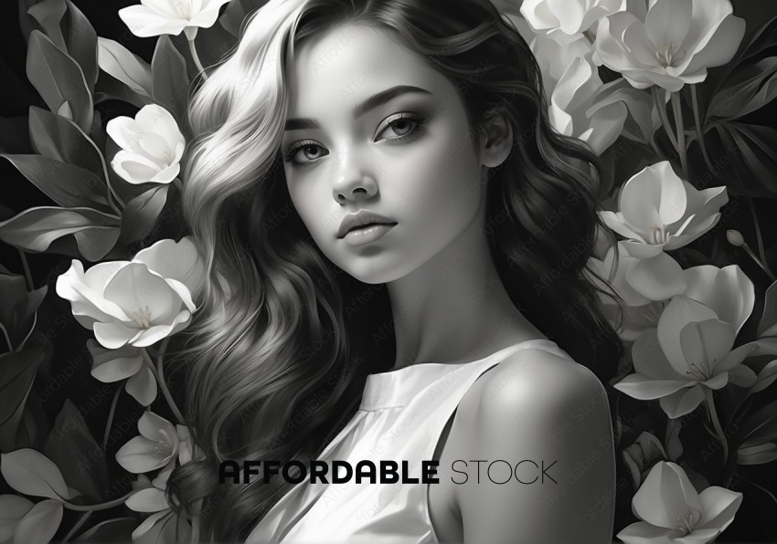 Monochrome Portrait of Young Woman with Flowers