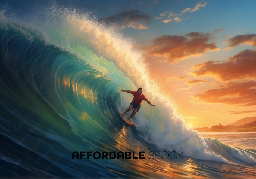 Surfer Riding a Wave at Sunset