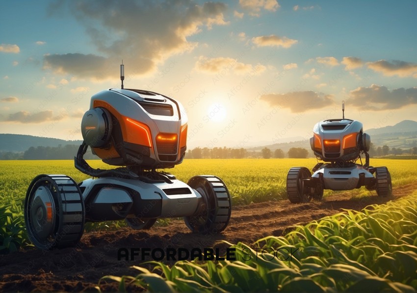 Autonomous Farming Robots in Agricultural Field at Sunset