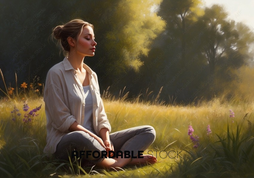 Serene Woman Meditating in Sunlit Meadow