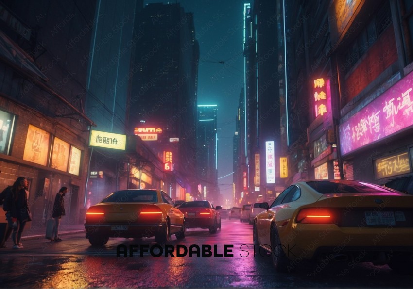 Neon-Lit City Street at Night with Cars