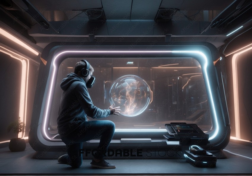 Man Interacting with Holographic Globe in Futuristic Setting