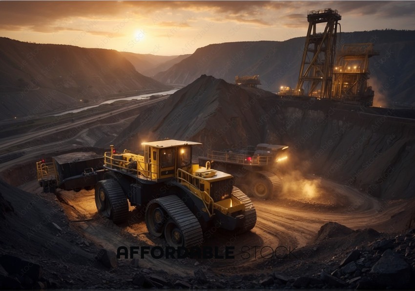 Heavy Mining Trucks at Sunset in Quarry