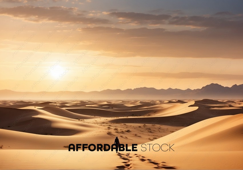 Lone Traveler Walking in Desert at Sunset