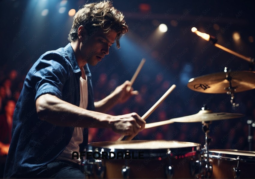 Passionate Drummer Performing on Stage