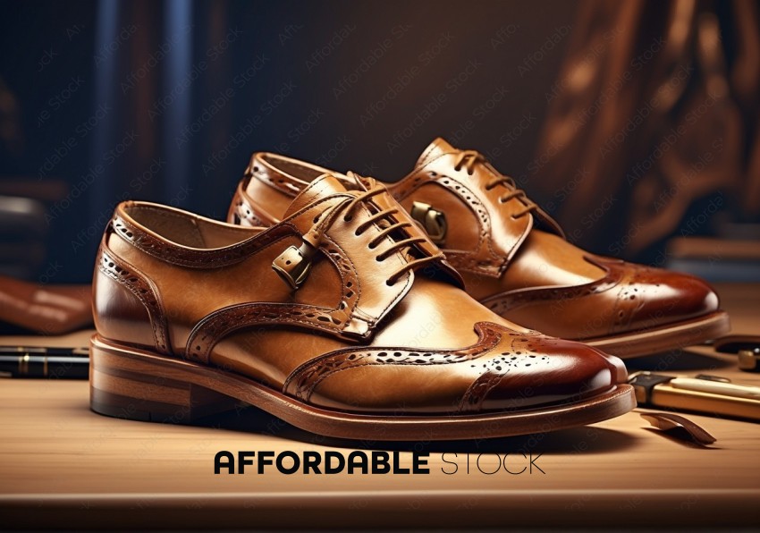 Elegant Leather Dress Shoes on Wooden Surface