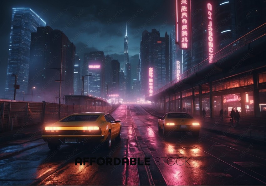 Futuristic Cityscape with Neon Lights and Cars